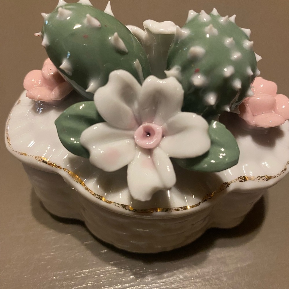 Vintage Porcelain Cactus Trinket Box 3” Tall Floral Jewelry Box Southwest Decor